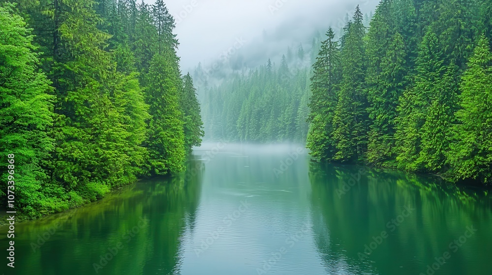 A freshwater river curving through a dense foggy forest, with mist rising from the riverbanks, ethereal and mystical A freshwater river curving through a dense foggy forest, with mist rising from the riverbanks, ethereal and mystical
