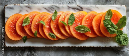 Wallpaper Mural Sliced papaya on a white marble rectangular plate with fresh mint leaves. Torontodigital.ca