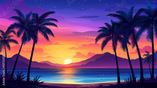 Vibrant tropical sunset with silhouetted palm trees