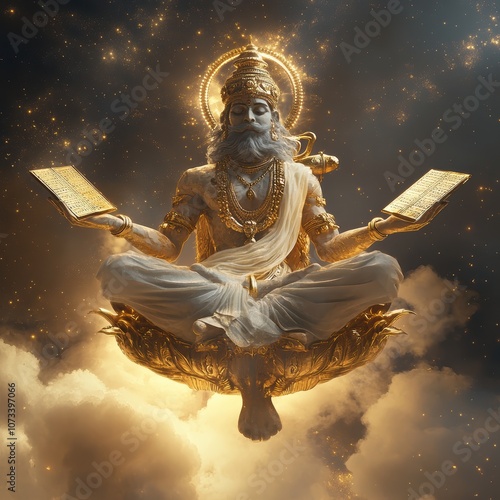 Brahma with floating Vedas, symbolizing creation, cosmic energy, 3D illustration