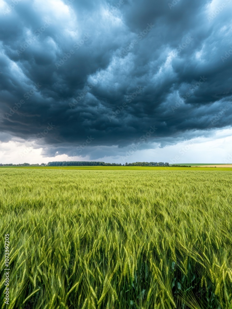 A dramatic sky filled with dark, ominous clouds looms over a vibrant green field, capturing the contrast between nature's beauty and impending storm. A dramatic sky filled with dark, ominous clouds looms over a vibrant green field, capturing the contrast between nature's beauty and impending storm.