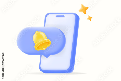 3D vector illustration, smartphone with a yellow notification bell and chat bubble. app notifications, messaging, reminders, or mobile communication concepts