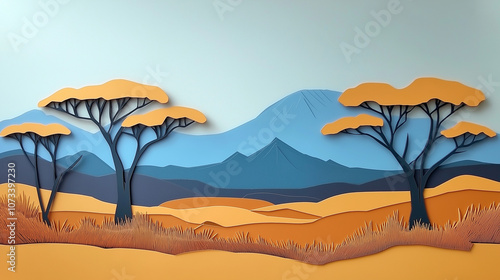 Minimalist African savanna landscape in paper cut style