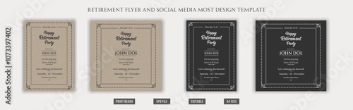 Happy Retirement flyer, social media post, vintage, congratulations, celebrate, vector, editable, posh, classic, old, elder citizen, traditional, a4 template bundles.
