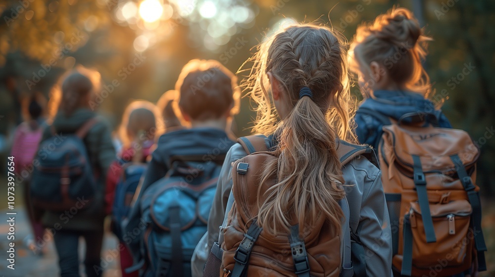 Children walking in a forest at sunset, carrying backpacks, enjoying nature and adventure together. Children walking in a forest at sunset, carrying backpacks, enjoying nature and adventure together.