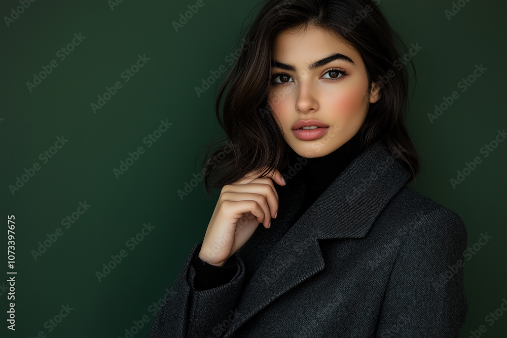 Elegant Winter Coat on Forest Green Backdrop. Elegant Winter Coat on Forest Green Backdrop.