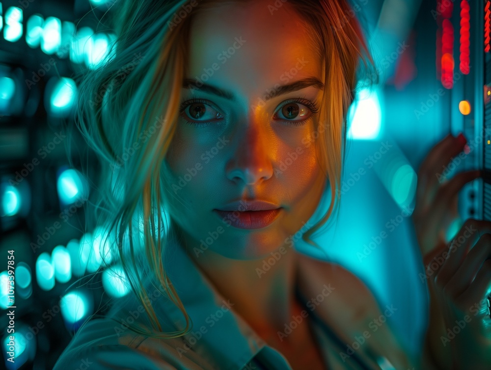 A close-up portrait of a young woman with blonde hair, illuminated by vibrant blue and orange lighting in a tech environment. A close-up portrait of a young woman with blonde hair, illuminated by vibrant blue and orange lighting in a tech environment.