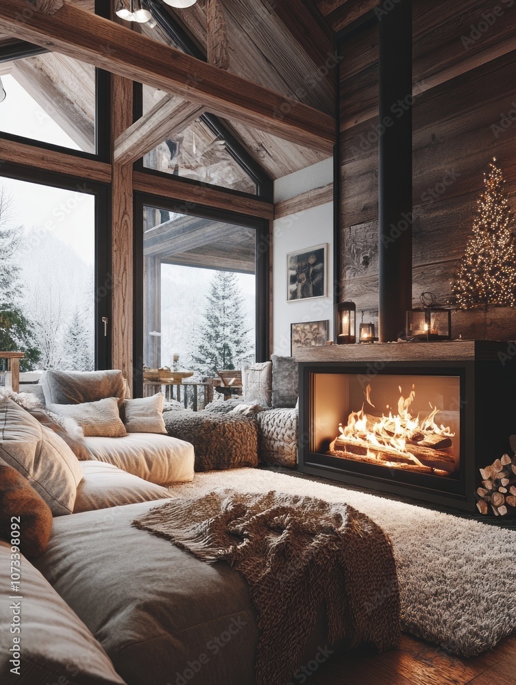 Fototapeta premium Cozy Cabin Living Room with Fireplace and Snowy View