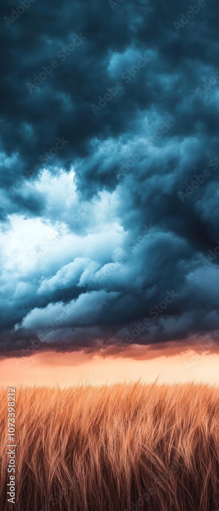 Obraz premium A dramatic sky looms over a golden field, contrasting dark clouds with warm sunset hues, evoking a sense of nature's beauty and impending change.