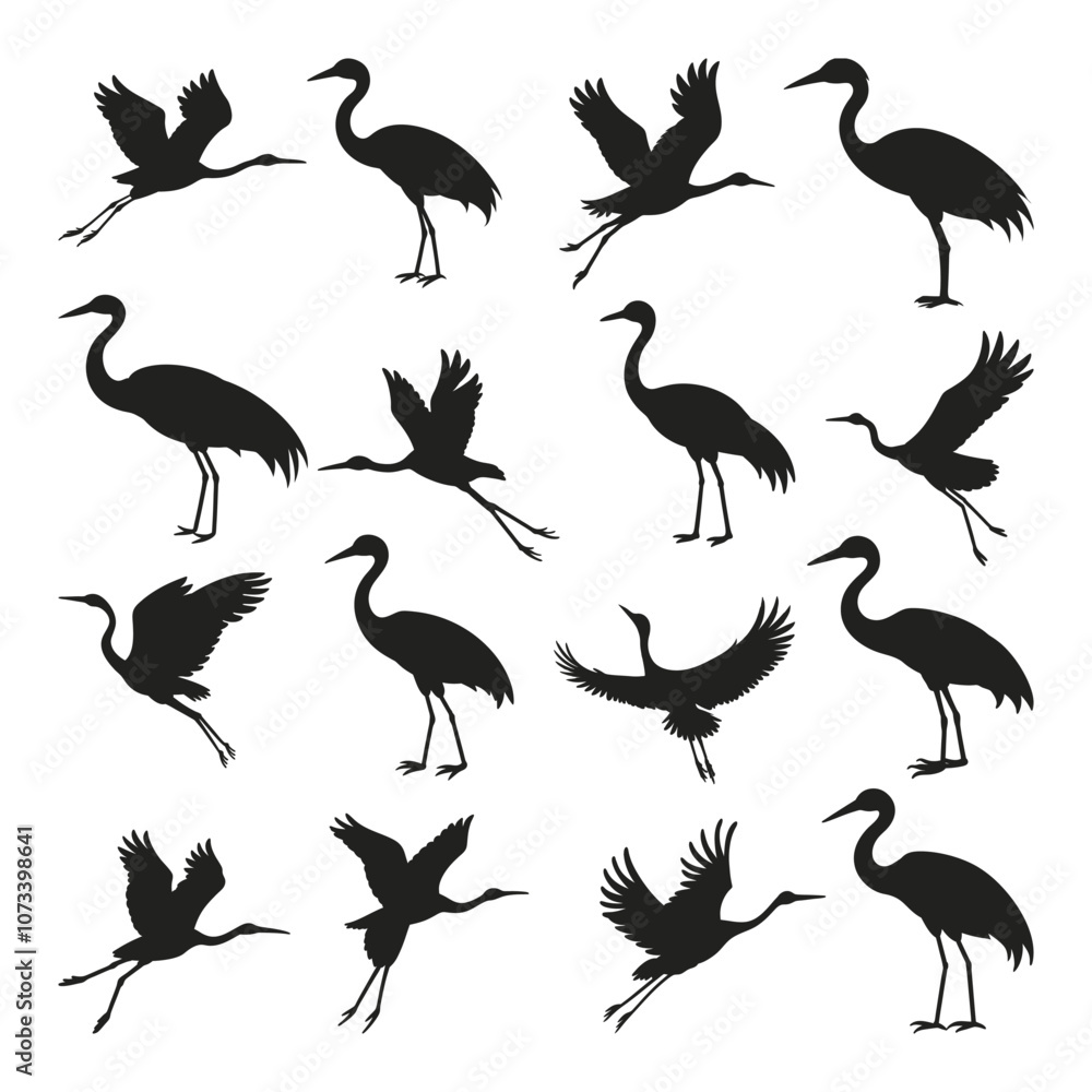 Fototapeta premium Crane birds SVG Vector Silhouette. Herons element vector Illustration. Animal decorations in vintage style. Flying birds.