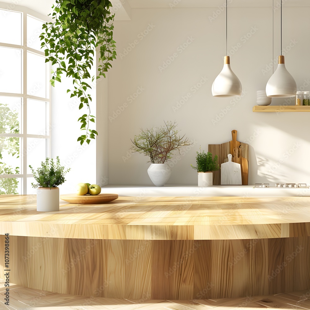 Modern interior design of a spacious kitchen featuring a round wooden table, green plants, bright windows, and minimalist decor for a stylish ambiance and warm atmosphere Modern interior design of a spacious kitchen featuring a round wooden table, green plants, bright windows, and minimalist decor for a stylish ambiance and warm atmosphere