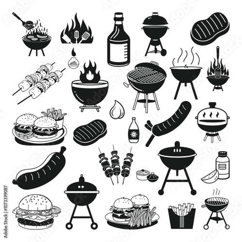 Grill icons vector Silhouette. Illustration set of BBQ-related items. Round cooking. Food Equipment