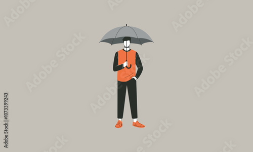 Minimalist man holding an umbrella, wearing orange shirt.