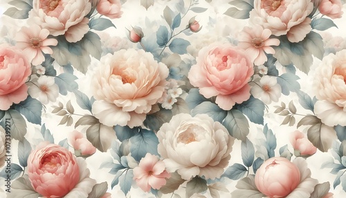 Vintage Roses and pastel Peonies Watercolor Pattern

