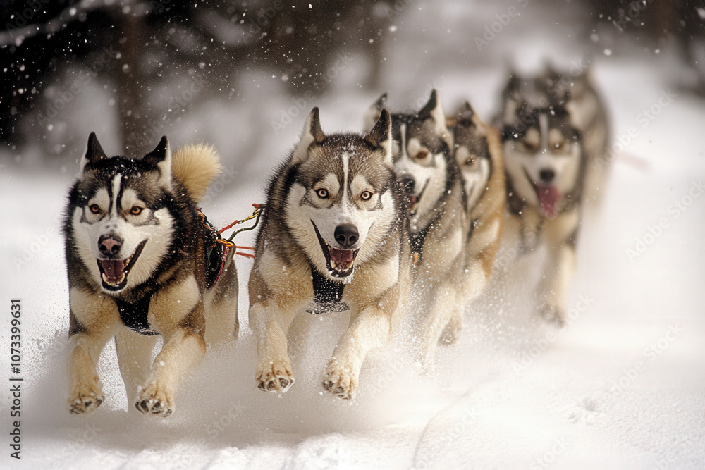 Energetic Dogs Running Through Snow at Sunset Energetic Dogs Running Through Snow at Sunset