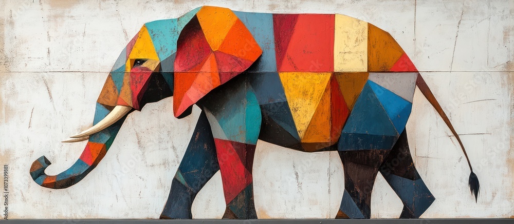 Fototapeta premium A colorful geometric elephant sculpture on a white wall.