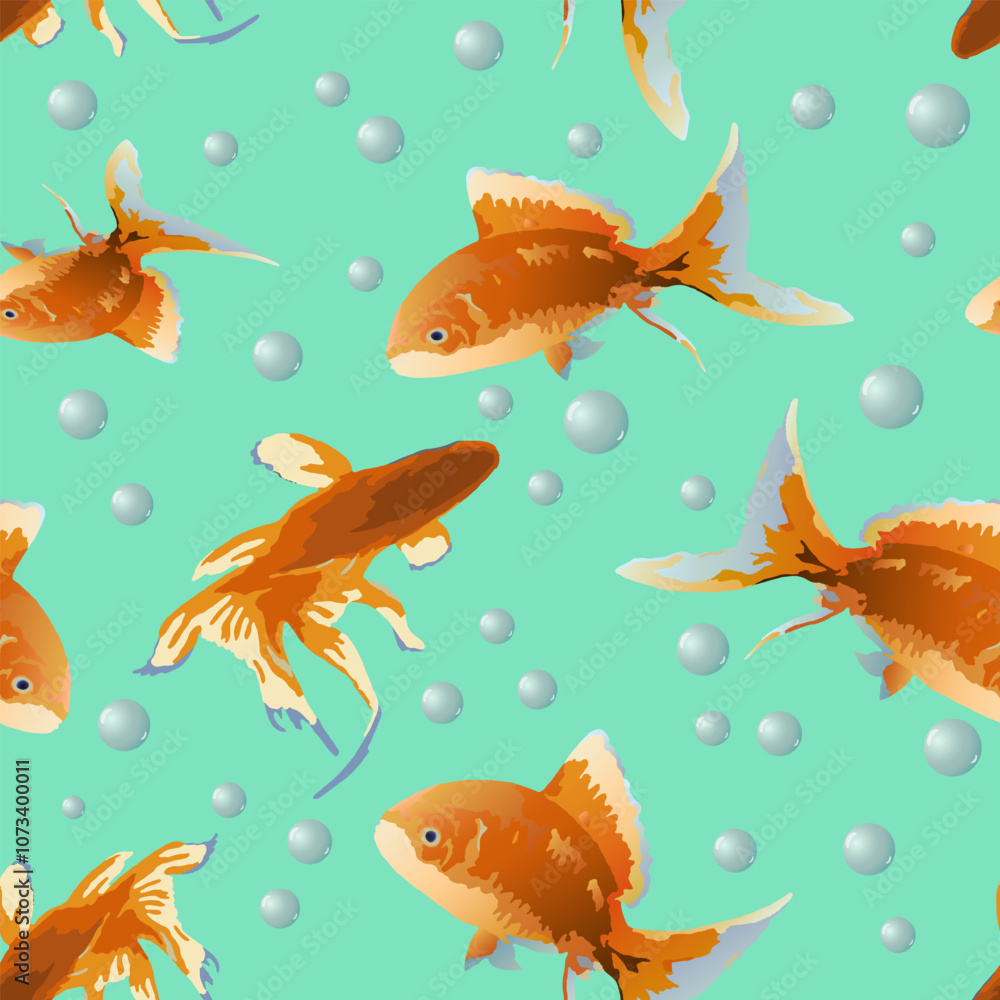 Fototapeta premium Pattern with goldfish on a colored background.Beautiful goldfish in vector illustration.