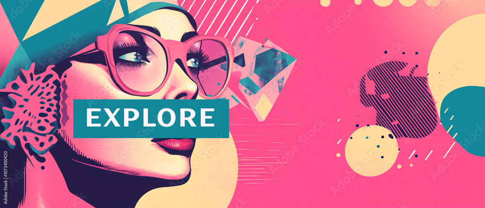 Fototapeta premium Abstract Art with Woman in Sunglasses and the Word Explore
