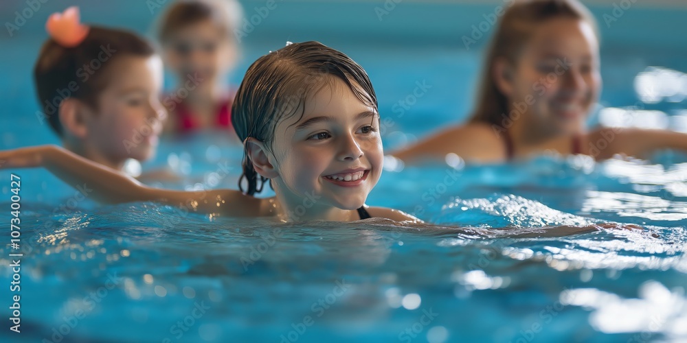 Obraz premium A young girl is smiling and splashing in a pool with other children. Scene is happy and playful