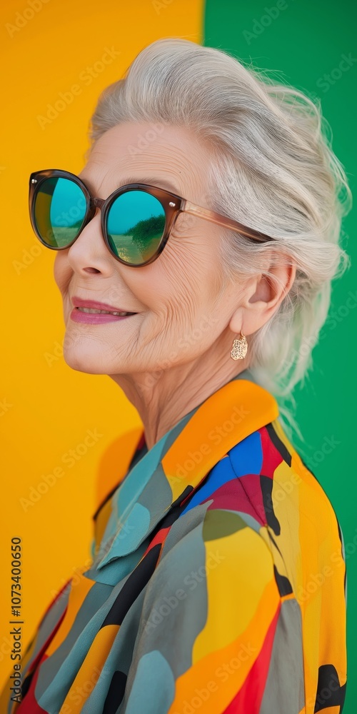 Obraz premium A woman with a colorful outfit and sunglasses is smiling. The sunglasses have a blue tint and are on her face