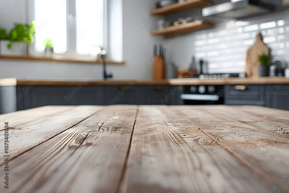 Cozy Modern Kitchen with Wooden Table in Foreground and Well-Designed Interior Displaying Minimalistic Style and Natural Elements Cozy Modern Kitchen with Wooden Table in Foreground and Well-Designed Interior Displaying Minimalistic Style and Natural Elements
