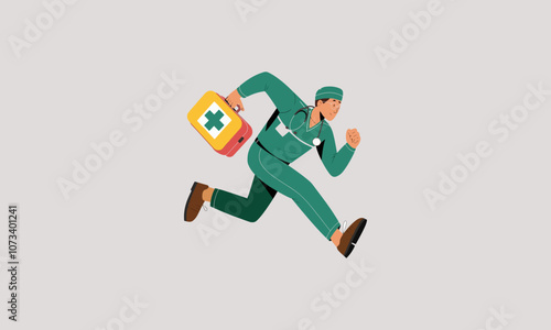 Running doctor with first aid kit, ready for emergency help.