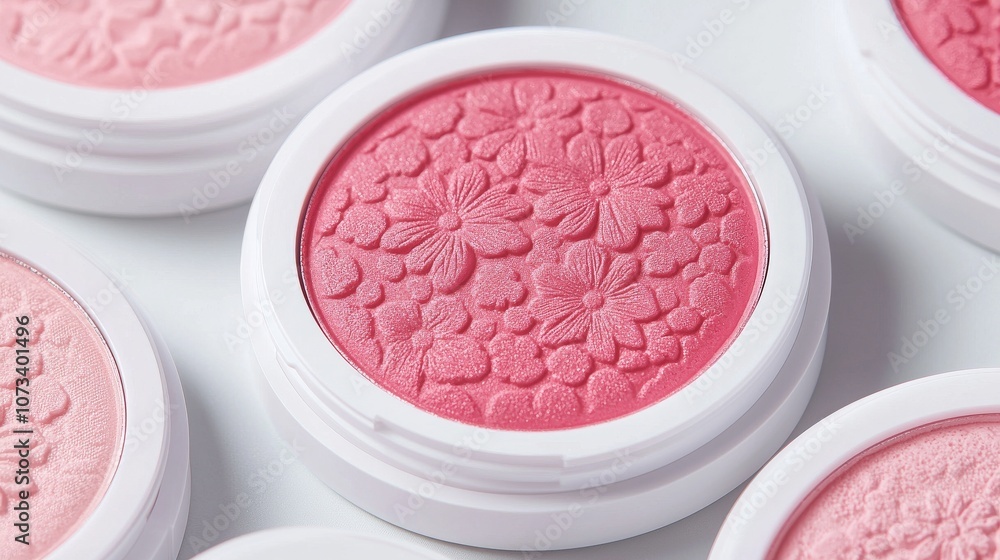 A collection of colorful blush compacts with intricate floral designs, showcasing soft shades of pink in a light, aesthetic arrangement. A collection of colorful blush compacts with intricate floral designs, showcasing soft shades of pink in a light, aesthetic arrangement.