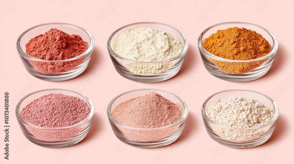 A vibrant display of colorful spice powders in glass bowls on a soft pink background, showcasing a variety of textures and hues. A vibrant display of colorful spice powders in glass bowls on a soft pink background, showcasing a variety of textures and hues.