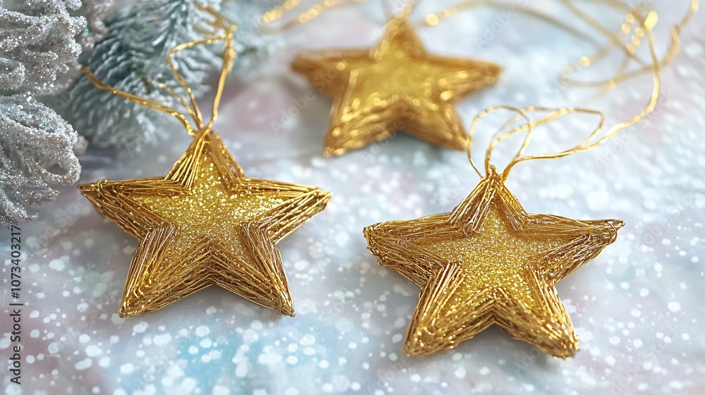 Handmade star ornaments from gold foil and wire, on a soft, shimmering background with holiday sparkle Handmade star ornaments from gold foil and wire, on a soft, shimmering background with holiday sparkle