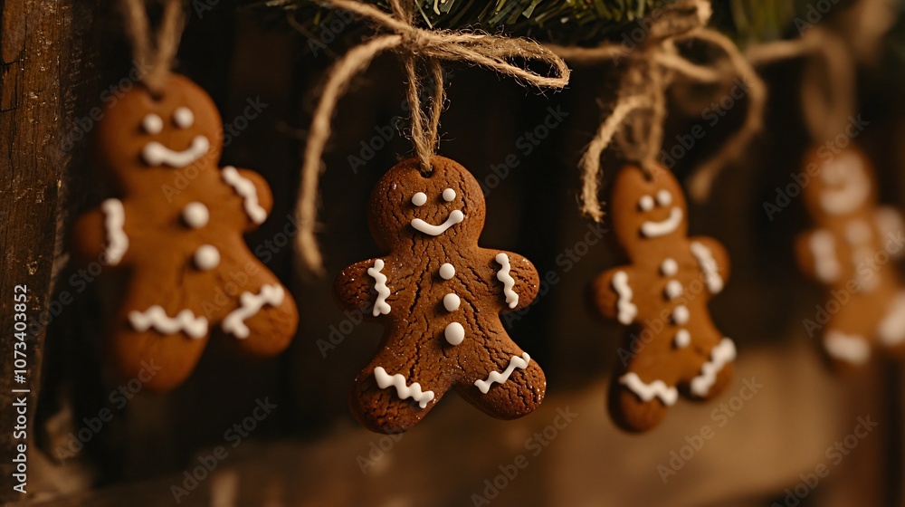 Mini gingerbread ornaments hanging on twine, with icing details and a warm wooden background with gingerbread accents Mini gingerbread ornaments hanging on twine, with icing details and a warm wooden background with gingerbread accents