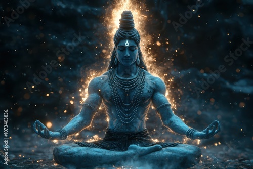 Shiva in a tranquil lotus pose, cosmic energy flowing through his chakras, radiating divine wisdom and balance, the universe aligning with his spiritual energy