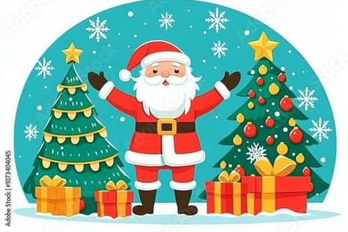 Illustrated Santa Claus character waving beside decorated Christmas trees and gifts set against a snowy background with vibrant holiday colors and festive charm