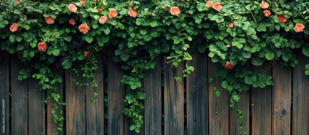 Pink flowers blooming on a green vine climbing a wooden fence. Pink flowers blooming on a green vine climbing a wooden fence.