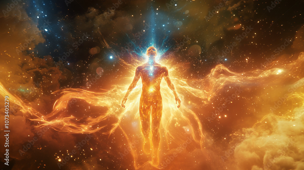 The figure, as if created from flaming energy, glows with a bright light. Streams of light radiate from the body, creating an atmosphere of power and transcendence. The figure, as if created from flaming energy, glows with a bright light. Streams of light radiate from the body, creating an atmosphere of power and transcendence.