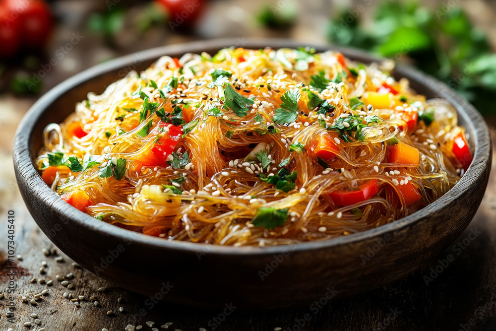 Vegetarian Glass Noodles in a Rustic Ceramic Bowl with Fresh Cilantro Garnish on Bamboo Mat