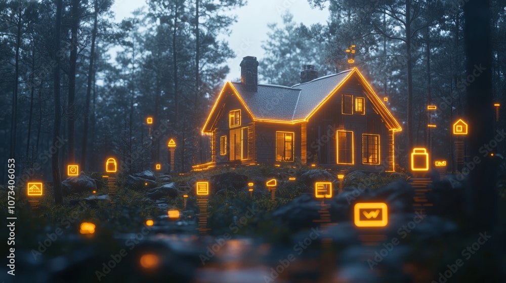 Enchanting Wooden House Surrounded by Lush Forest at Dusk, Enhanced with Glowing Digital Icons Illustrating Modern Connectivity and Technology Enchanting Wooden House Surrounded by Lush Forest at Dusk, Enhanced with Glowing Digital Icons Illustrating Modern Connectivity and Technology
