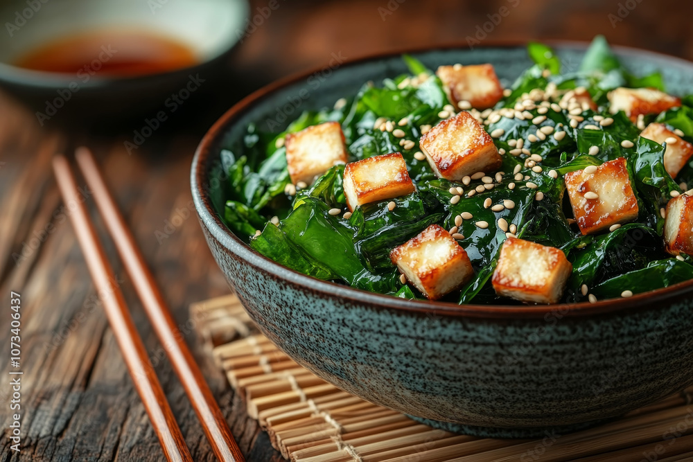 Fresh Seaweed Salad with Sesame Seeds and Scallions in Rustic Bowl Fresh Seaweed Salad with Sesame Seeds and Scallions in Rustic Bowl