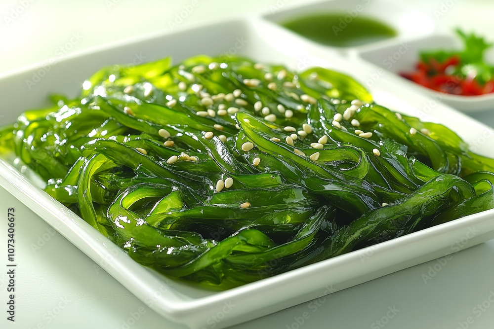 Fresh Seaweed Salad with Sesame Seeds and Scallions in Rustic Bowl Fresh Seaweed Salad with Sesame Seeds and Scallions in Rustic Bowl
