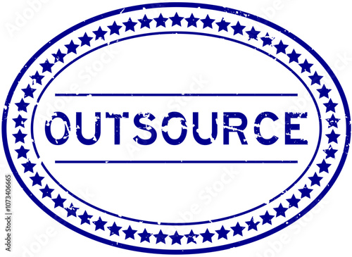 Grunge blue outsource word oval rubber seal stamp on white background