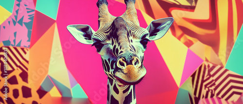 Closeup Portrait of a Giraffe with Colorful Geometric Background photo