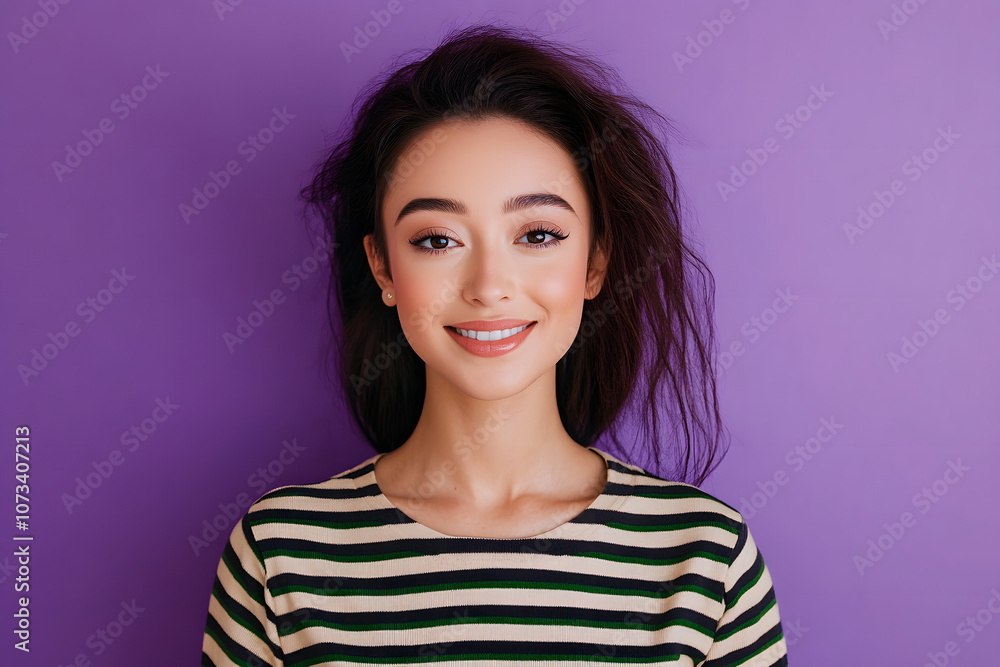 Fototapeta premium Photo of charming positive woman wear striped shirt smiling empty space isolated violet color background