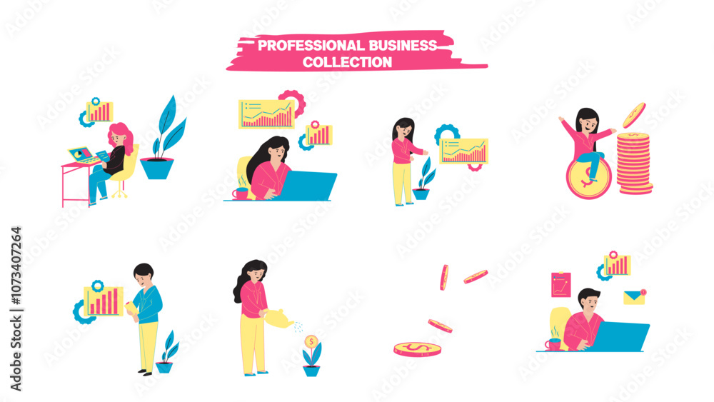 Set of Professional business vector element, people, employee working at office analyzing data Illustration Set of Professional business vector element, people, employee working at office analyzing data Illustration