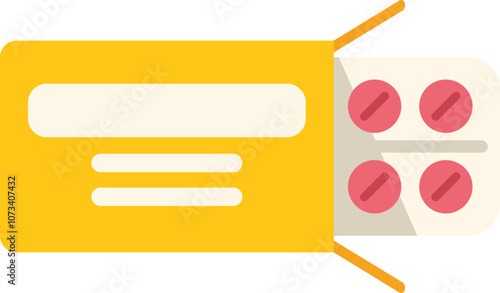 Yellow pills blister pack inside open cardboard box isolated on white background