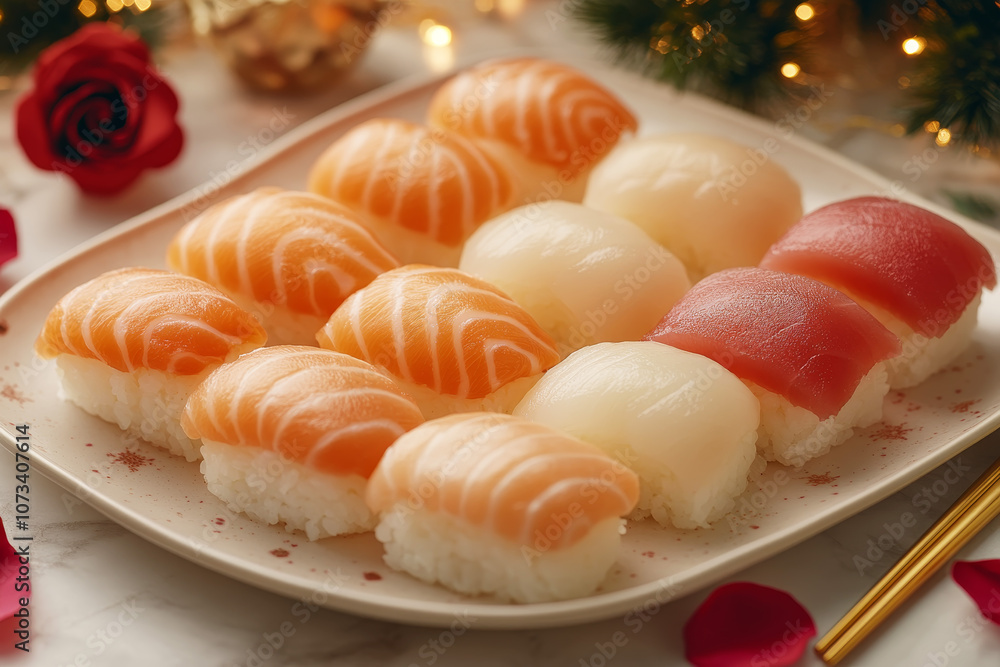 Romantic Valentine?s Sushi Set with Candlelight and Rose Petals Romantic Valentine?s Sushi Set with Candlelight and Rose Petals