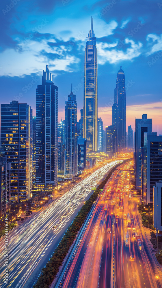 High-rise buildings and traffic lights at night High-rise buildings and traffic lights at night