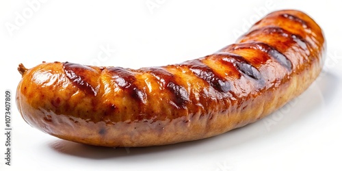 Close-up of a single, perfectly grilled sausage, displaying the deep brown char marks and glistening surface, isolated on a stark white background.