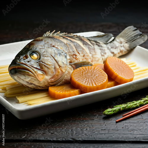 Steamed Dragon Tiger Grouper fish with Preserved Turnip photo