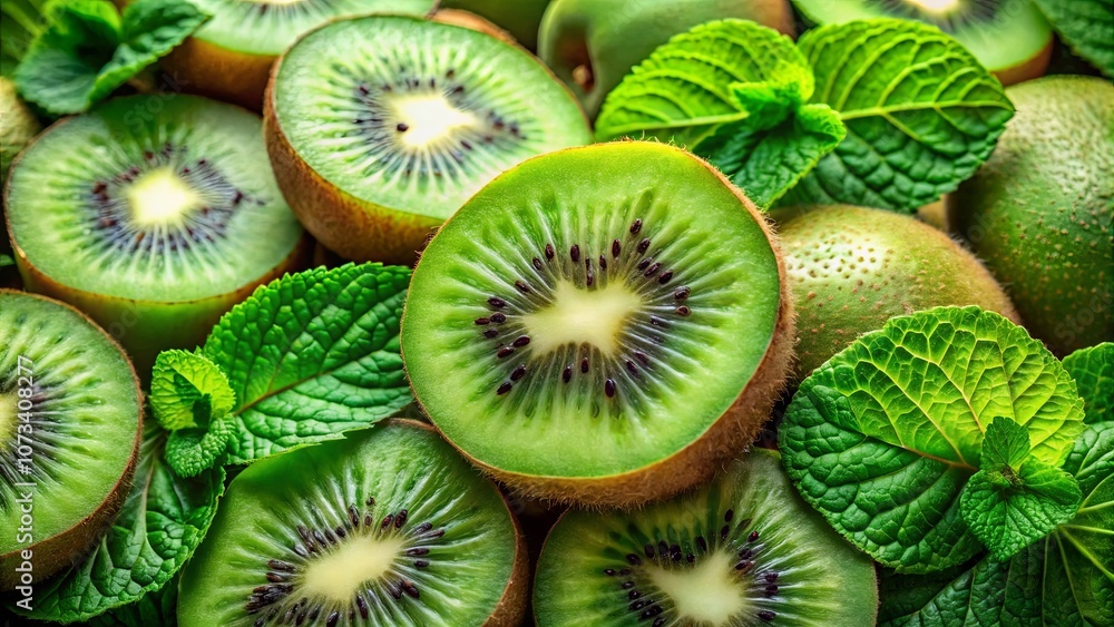 Close-up of Sliced Kiwi Fruit and Fresh Mint Leaves, a Vibrant Display of Nature's Bounty Close-up of Sliced Kiwi Fruit and Fresh Mint Leaves, a Vibrant Display of Nature's Bounty
