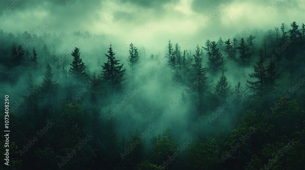 A dense forest shrouded in a mystical veil of fog presents a serene and captivating scene A dense forest shrouded in a mystical veil of fog presents a serene and captivating scene