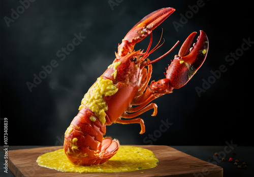 Boston Lobster tossed with Salted Egg Yolk on wooden background photo